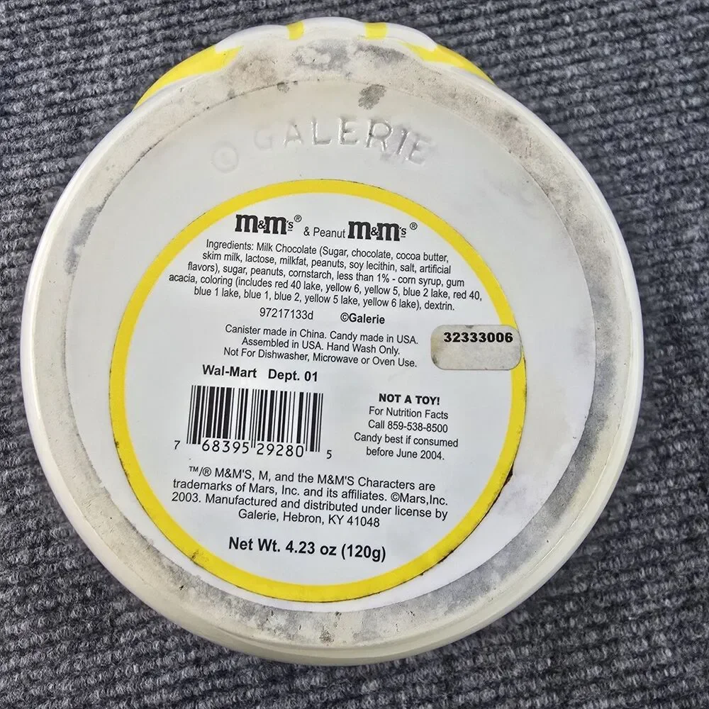 2003 Galerie Yellow M & M Ceramic Cookie Candy Jar Vintage Canister w/ Lid READ